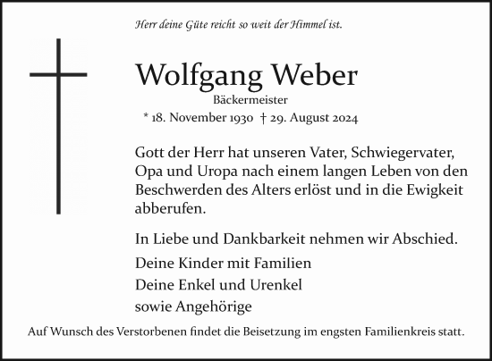 Traueranzeige von Wolfgang Weber von Mannheimer Morgen