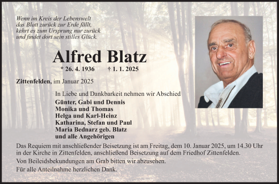 Traueranzeige von Alfred Blatz von Fränkische Nachrichten