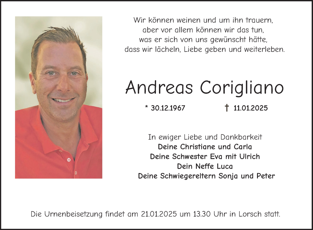  Traueranzeige für Andreas Corigliano vom 18.01.2025 aus Bergsträßer Anzeiger