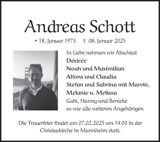 Traueranzeige von Andreas Schott von Mannheimer Morgen