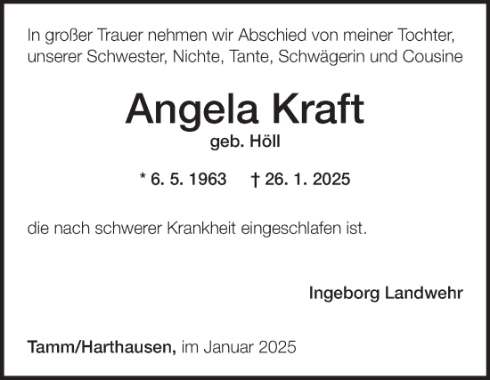 Traueranzeige von Angela Kraft von Fränkische Nachrichten