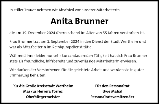 Traueranzeige von Anita Brunner von Fränkische Nachrichten