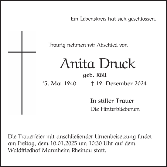 Traueranzeige von Anita Druck von Mannheimer Morgen