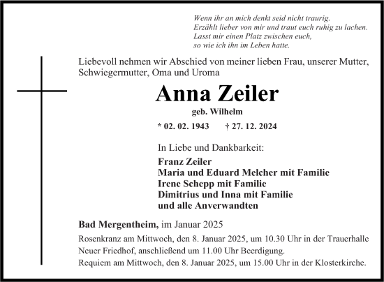 Traueranzeige von Anna Zeiler von Fränkische Nachrichten