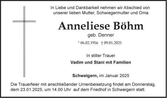 Traueranzeige von Anneliese Böhm von Fränkische Nachrichten