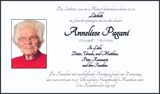 Traueranzeige von Anneliese Pagani von Mannheimer Morgen