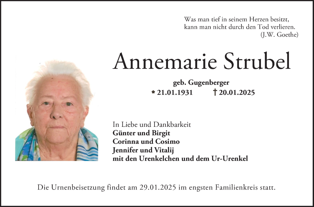  Traueranzeige für Annemarie Strubel vom 25.01.2025 aus Bergsträßer Anzeiger
