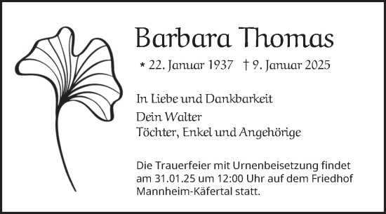 Traueranzeige von Barbara Thomas von Mannheimer Morgen