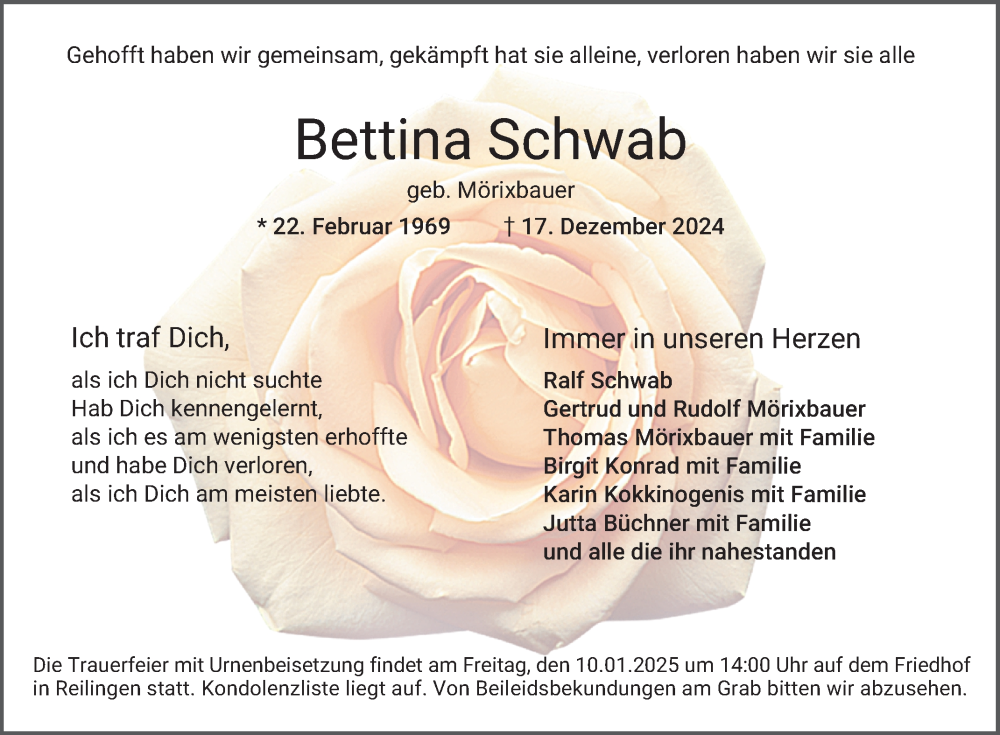  Traueranzeige für Bettina Schwab vom 07.01.2025 aus Schwetzinger Zeitung