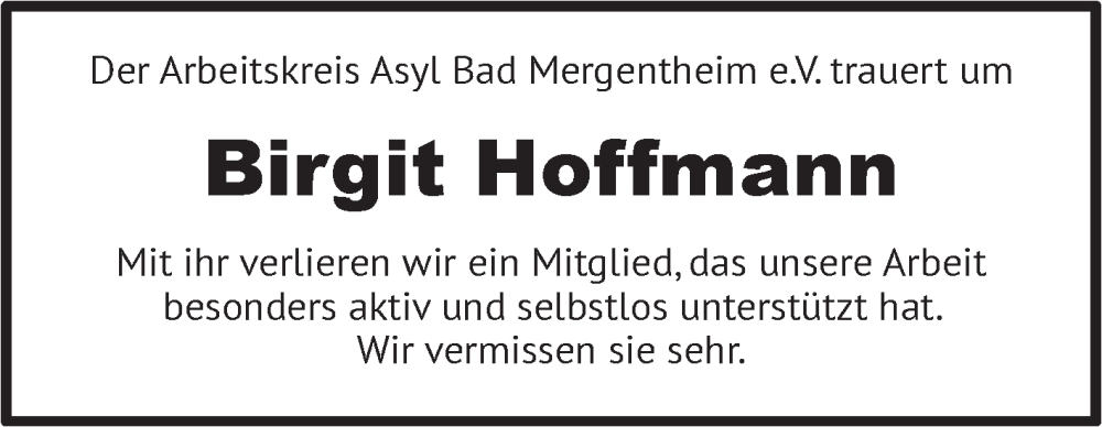  Traueranzeige für Birgit Hoffmann vom 30.01.2025 aus Fränkische Nachrichten