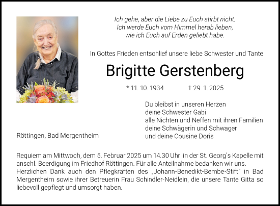 Traueranzeige von Brigitte Gerstenberg von Fränkische Nachrichten
