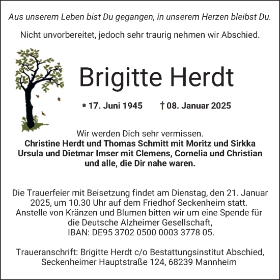 Traueranzeige von Brigitte Herdt von Mannheimer Morgen