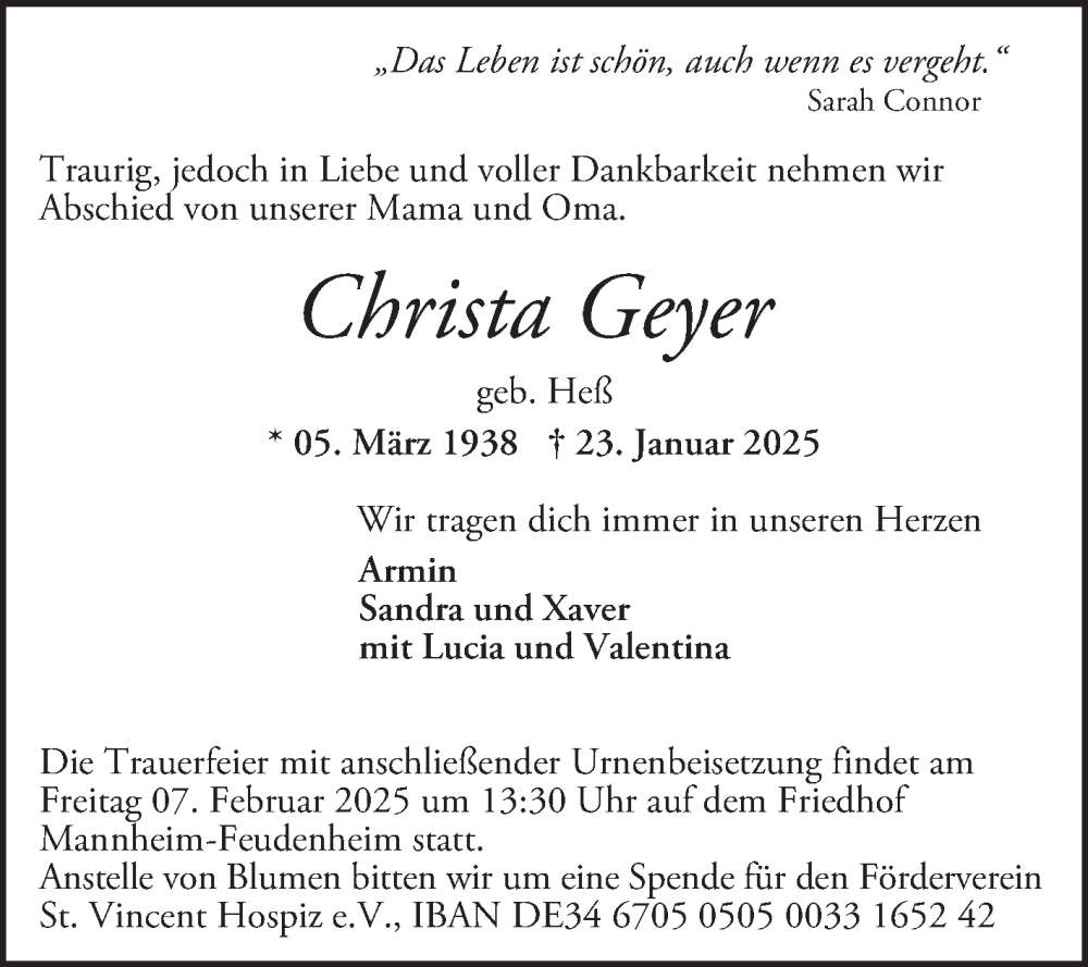  Traueranzeige für Christa Geyer vom 01.02.2025 aus Mannheimer Morgen