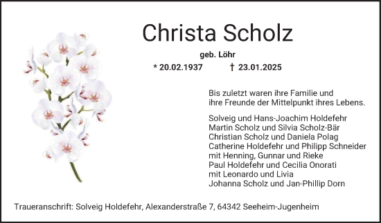 Traueranzeige von Christa Scholz von Bergsträßer Anzeiger