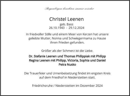 Traueranzeige von Christel Leenen von Fränkische Nachrichten