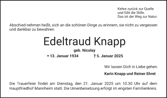 Traueranzeige von Edeltraud Knapp von Mannheimer Morgen