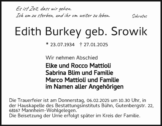 Traueranzeige von Edith Burkey von Mannheimer Morgen