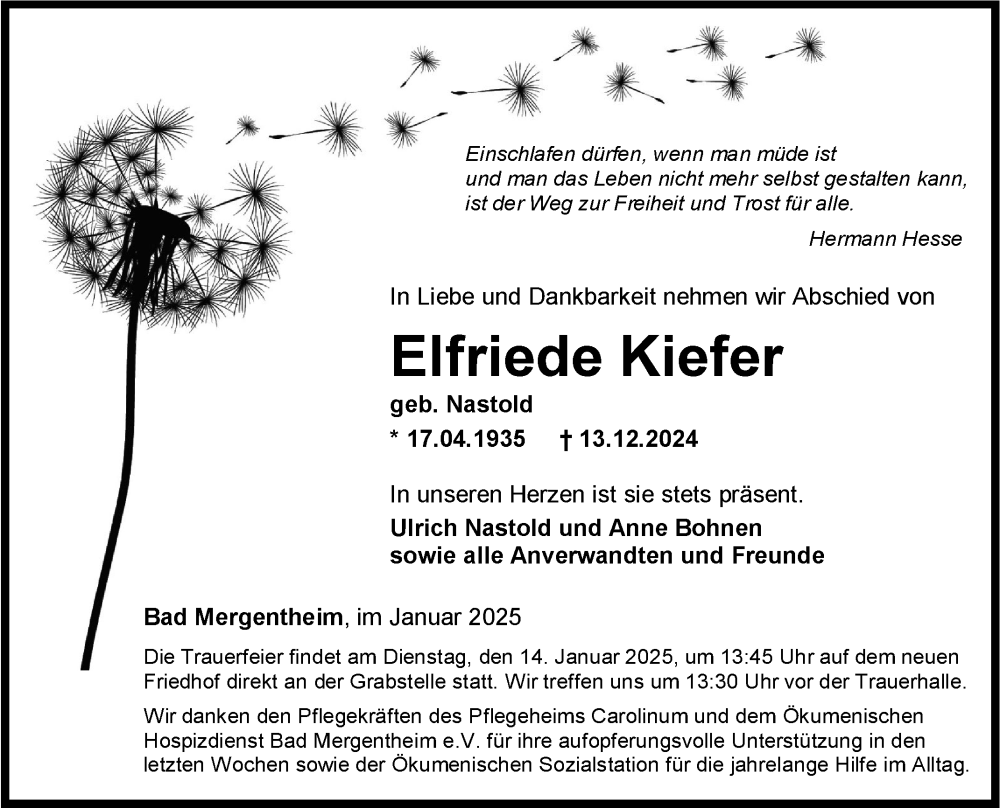  Traueranzeige für Elfriede Kiefer vom 11.01.2025 aus Fränkische Nachrichten
