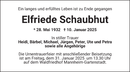 Traueranzeige von Elfriede Schaubhut von Mannheimer Morgen