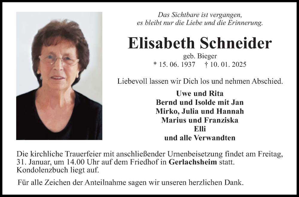  Traueranzeige für Elisabeth Schneider vom 25.01.2025 aus Fränkische Nachrichten