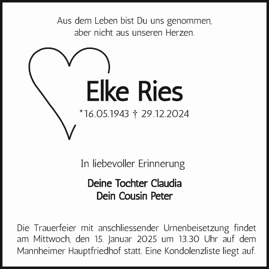 Traueranzeige von Elke Ries von Mannheimer Morgen