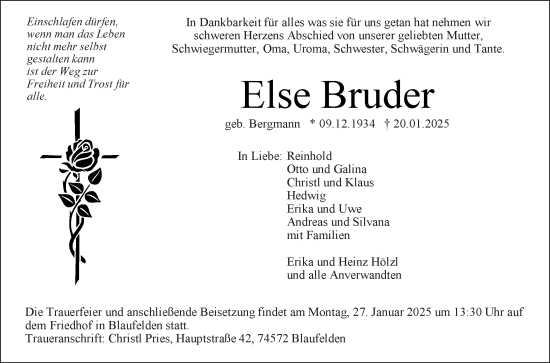 Traueranzeige von Else Bruder von Fränkische Nachrichten