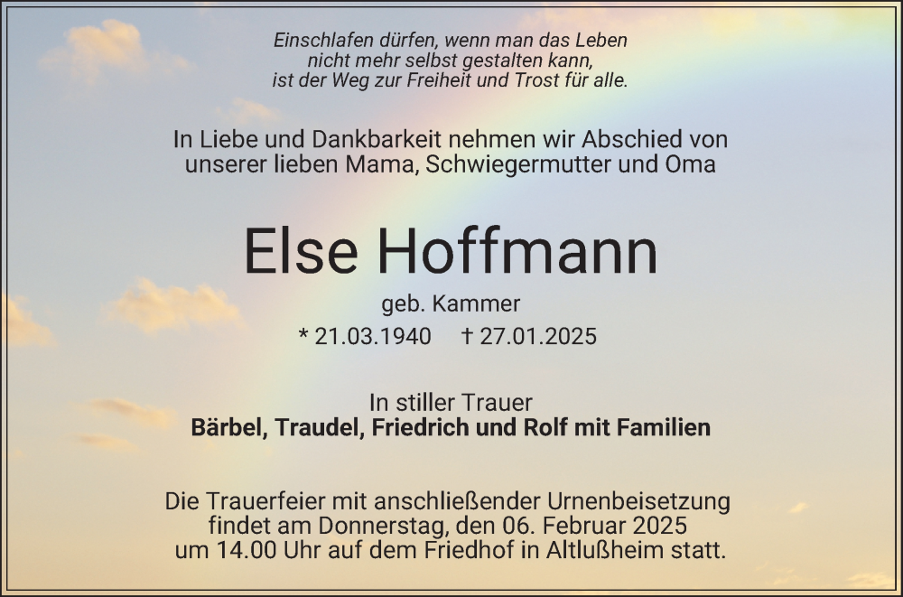  Traueranzeige für Else Hoffmann vom 01.02.2025 aus Schwetzinger Zeitung