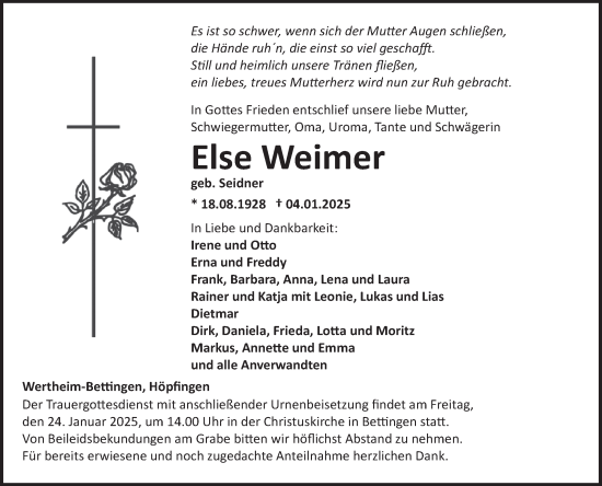 Traueranzeige von Else Weimer von Fränkische Nachrichten