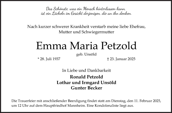 Traueranzeige von Emma Maria Petzold von Mannheimer Morgen