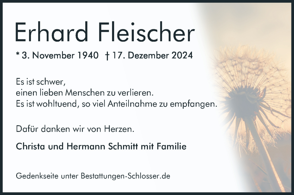  Traueranzeige für Erhard Fleischer vom 18.01.2025 aus Mannheimer Morgen