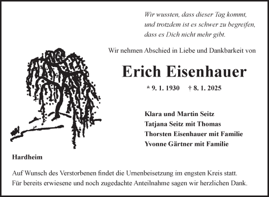 Traueranzeige von Erich Eisenhauer von Fränkische Nachrichten