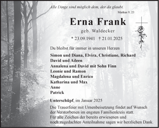 Traueranzeige von Erna Frank von Fränkische Nachrichten