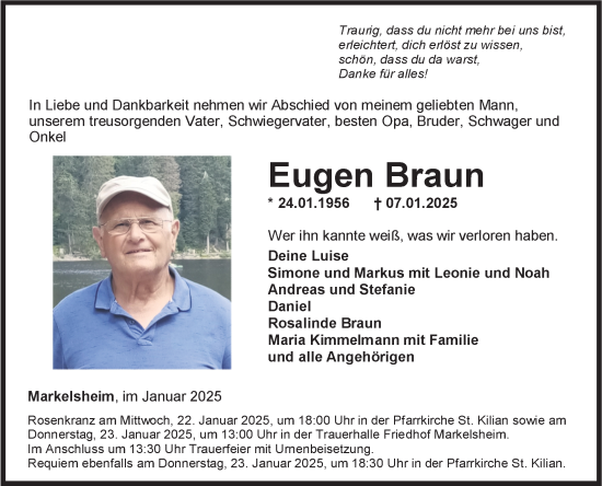 Traueranzeige von Eugen Braun von Fränkische Nachrichten