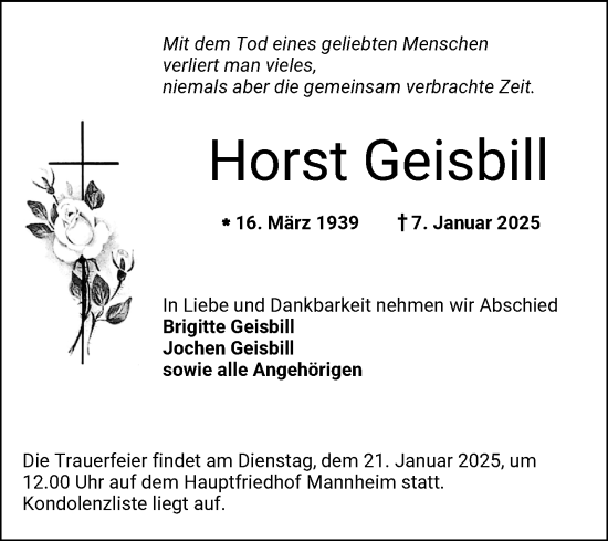 Traueranzeige von Horst Geisbill von Mannheimer Morgen