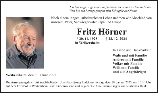 Traueranzeige von Fritz Hörner von Fränkische Nachrichten