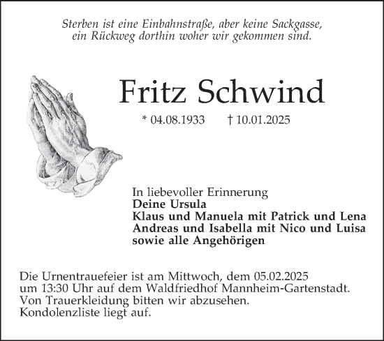 Traueranzeige von Fritz Schwind von Mannheimer Morgen