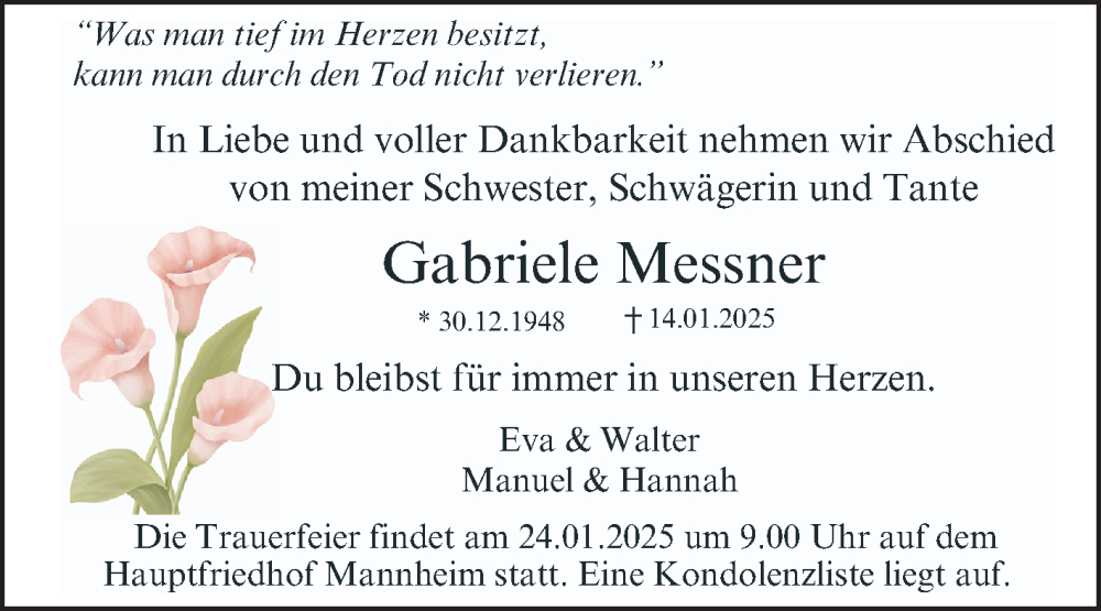  Traueranzeige für Gabriele Messner vom 18.01.2025 aus Mannheimer Morgen