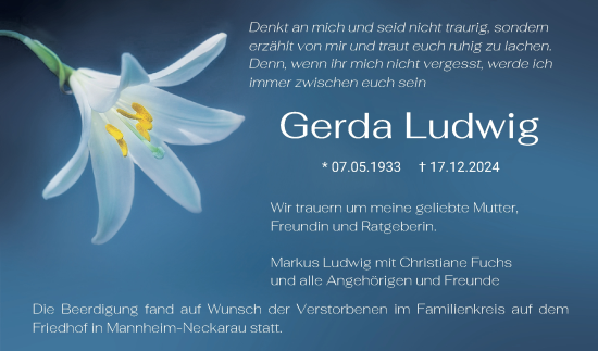 Traueranzeige von Gerda Ludwig von Mannheimer Morgen