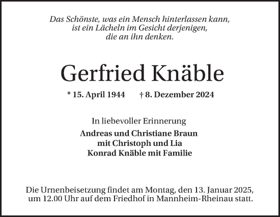 Traueranzeige von Gerfried Knäble von Mannheimer Morgen