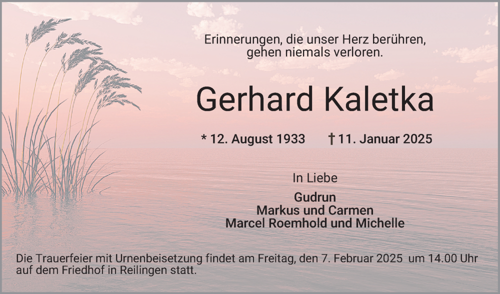  Traueranzeige für Gerhard Kaletka vom 01.02.2025 aus Schwetzinger Zeitung