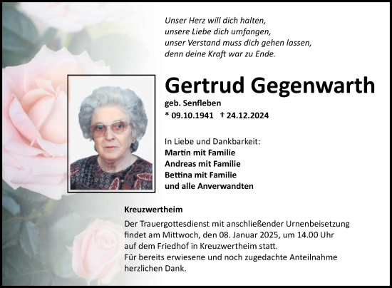 Traueranzeige von Gertrud Gegenwarth von Fränkische Nachrichten