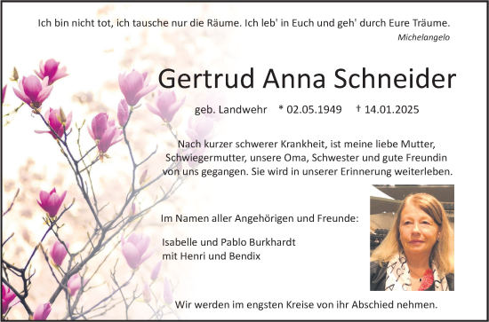 Traueranzeige von Gertrud Anna Schneider von Fränkische Nachrichten