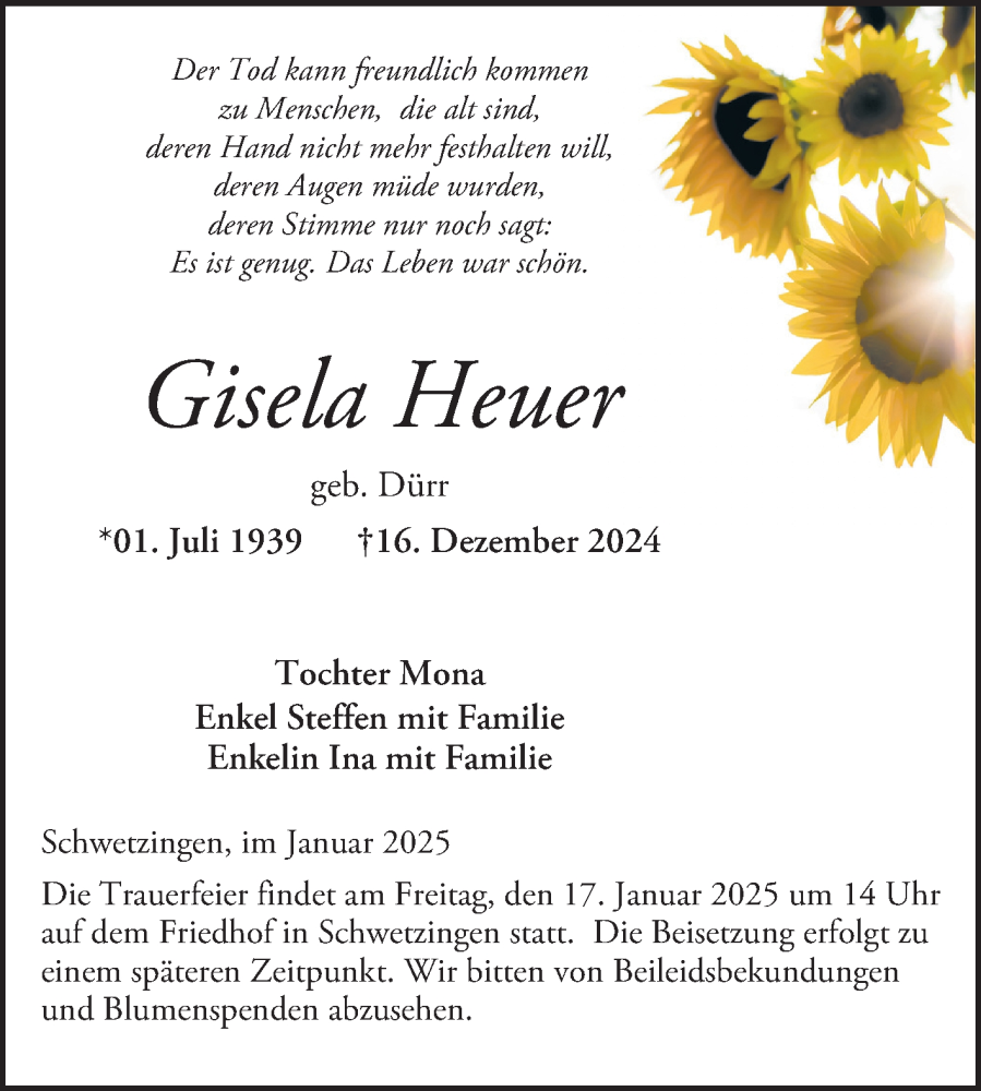  Traueranzeige für Gisela Heuer vom 11.01.2025 aus Schwetzinger Zeitung