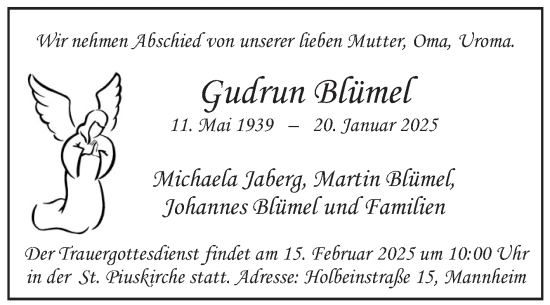 Traueranzeige von Gudrun Blümel von Mannheimer Morgen