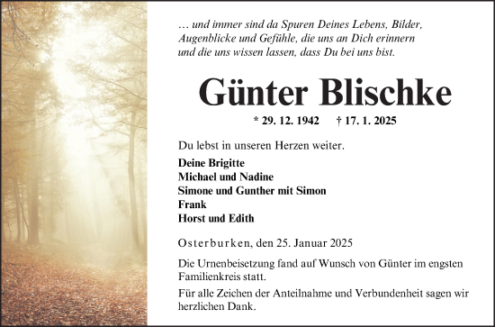 Traueranzeige von Günter Blischke von Fränkische Nachrichten