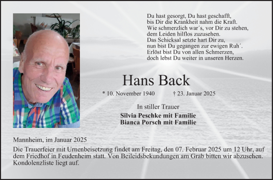 Traueranzeige von Hans Back von Mannheimer Morgen