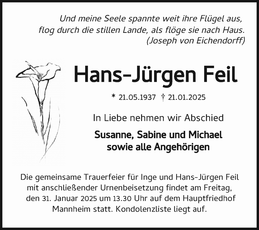  Traueranzeige für Hans-Jürgen Feil vom 25.01.2025 aus Mannheimer Morgen