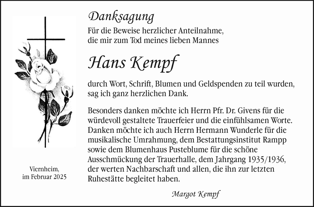  Traueranzeige für Hans Kempf vom 01.02.2025 aus Mannheimer Morgen