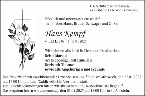 Traueranzeige von Hans Kempf von Mannheimer Morgen