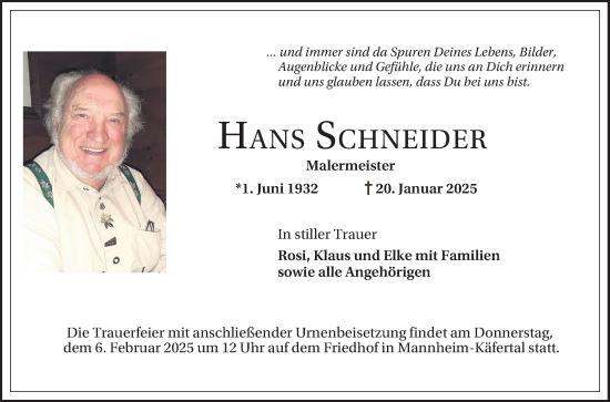 Traueranzeige von Hans Schneider von Mannheimer Morgen